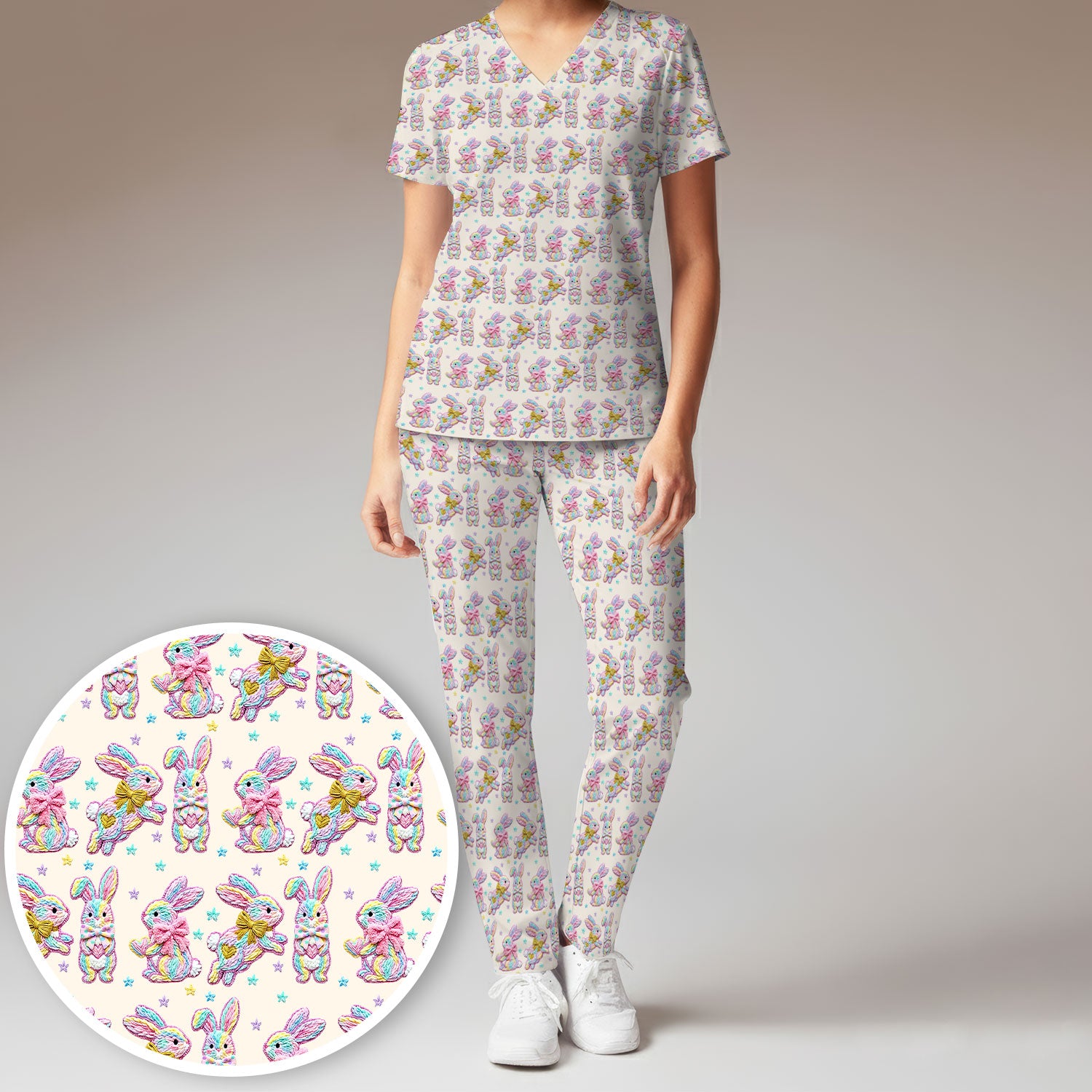 Cartoon Bunny All Over Print Set, Scrub Pants and V Neck Top