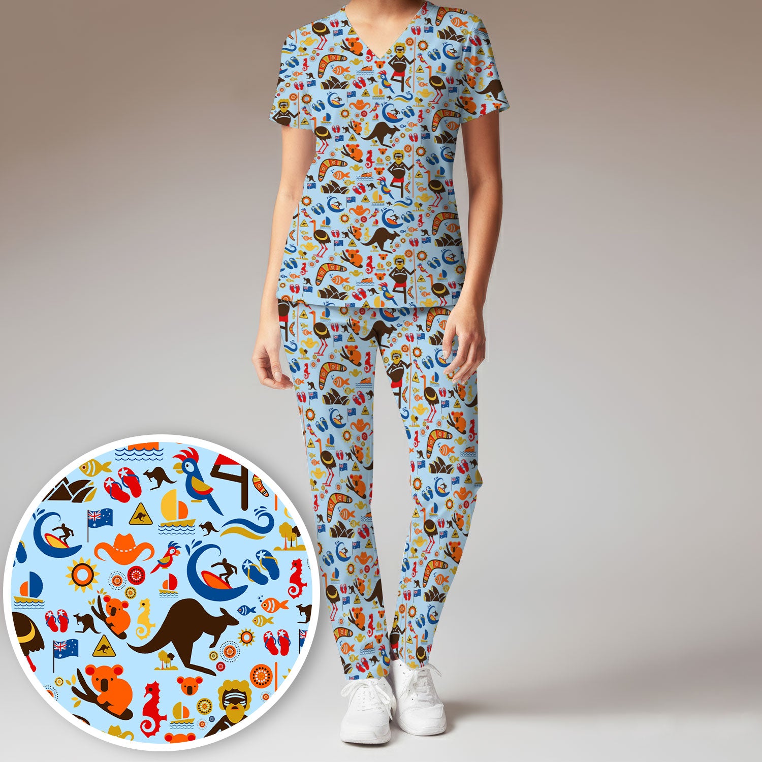 Indigenous Inspired Icon Scrub Set, Australia Culture Pattern Nurse Shirt, Comfortable Scrubs For Nursing