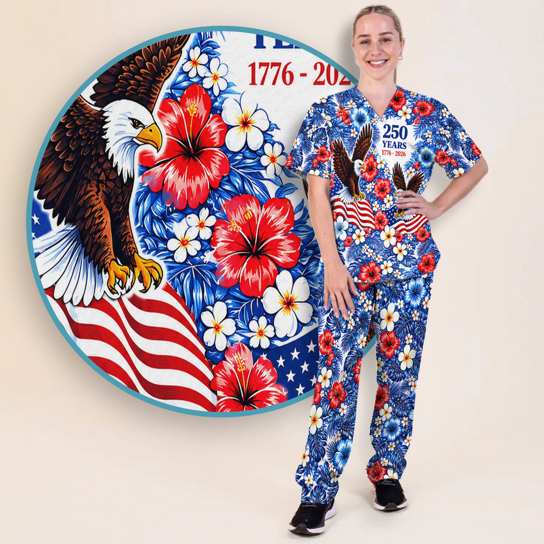 Patriotic Eagle Floral Pattern, America 250 Medical Scrub Set, Scrub Pants and V Neck Top