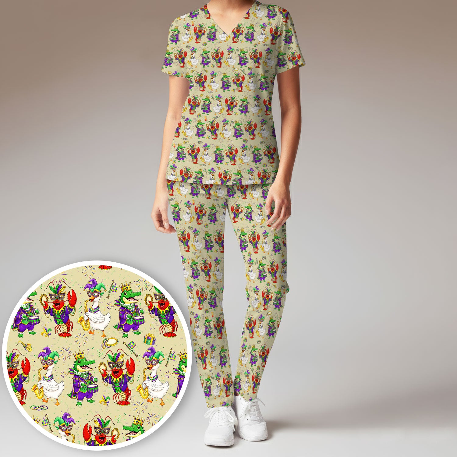 Crawfish And Duck Carnival Scrub Set, Mardi Gras Parade Pattern Nurse Shirt, Breathable Fabrics Nursing Uniform