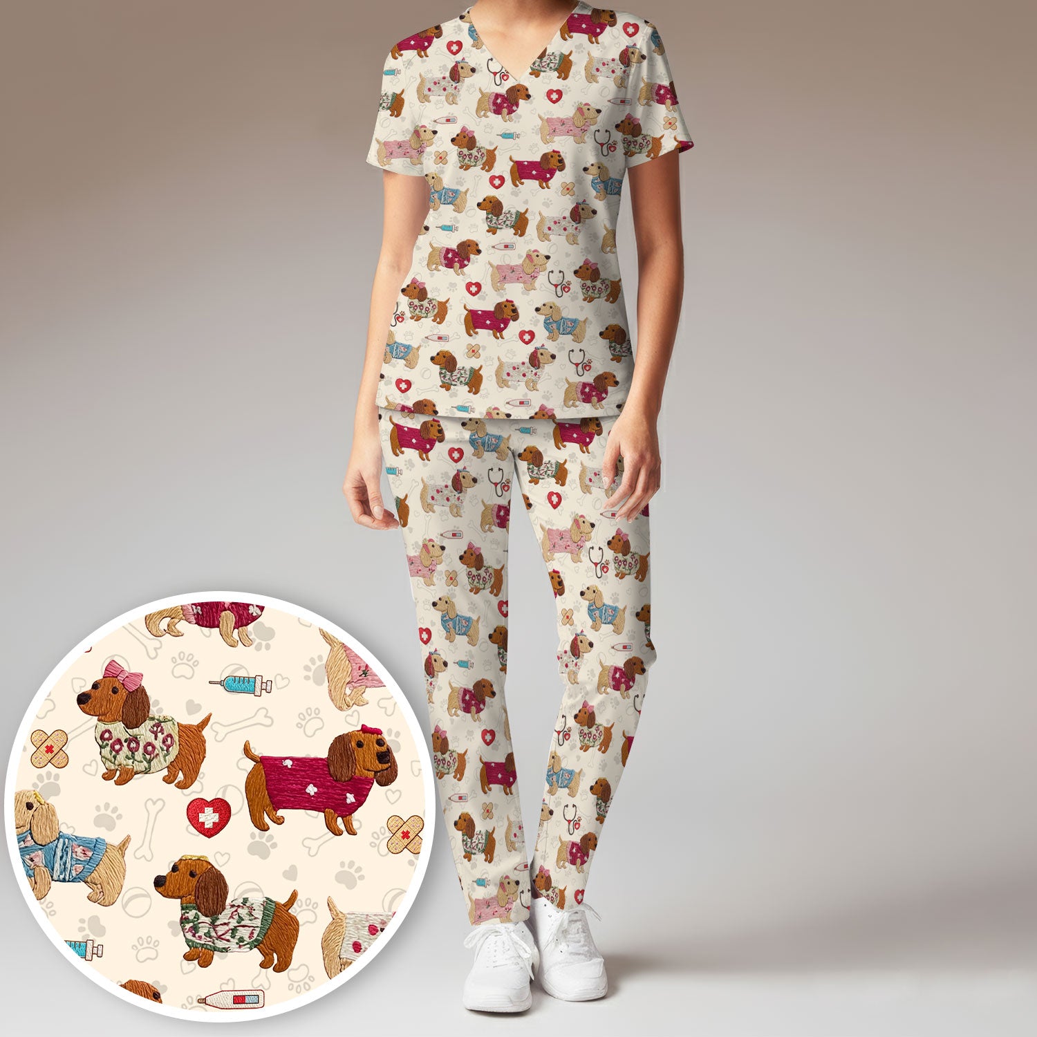 Cute Medical Wiener Dog Pattern Nurse Shirt, Dachshund Nursing Scrub Set, Breathable Fabrics Nursing Uniform