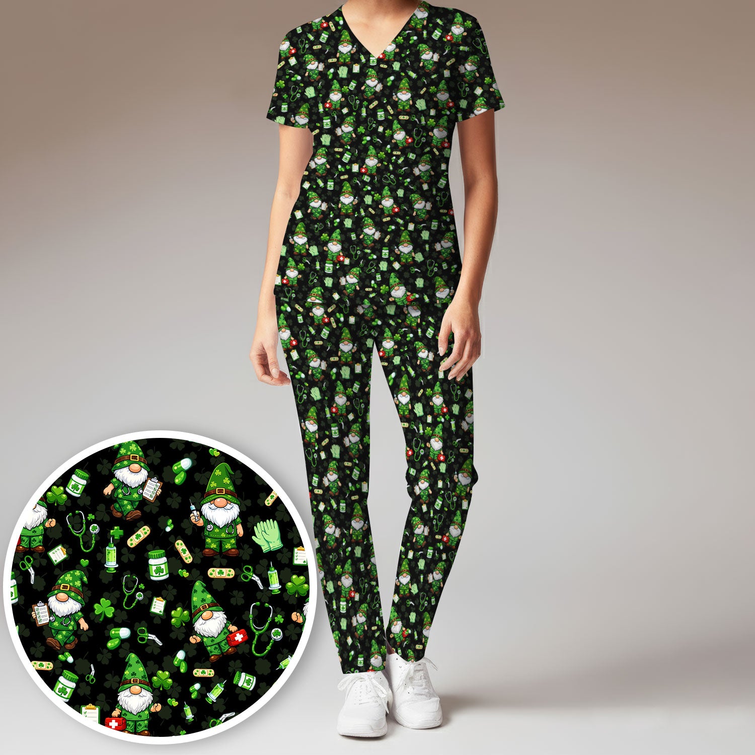 St. Patrick’s Day Nurse Gnome Scrub Set, Green Lucky Medical Pattern Nurse Shirt, Breathable Fabrics Nursing Uniform