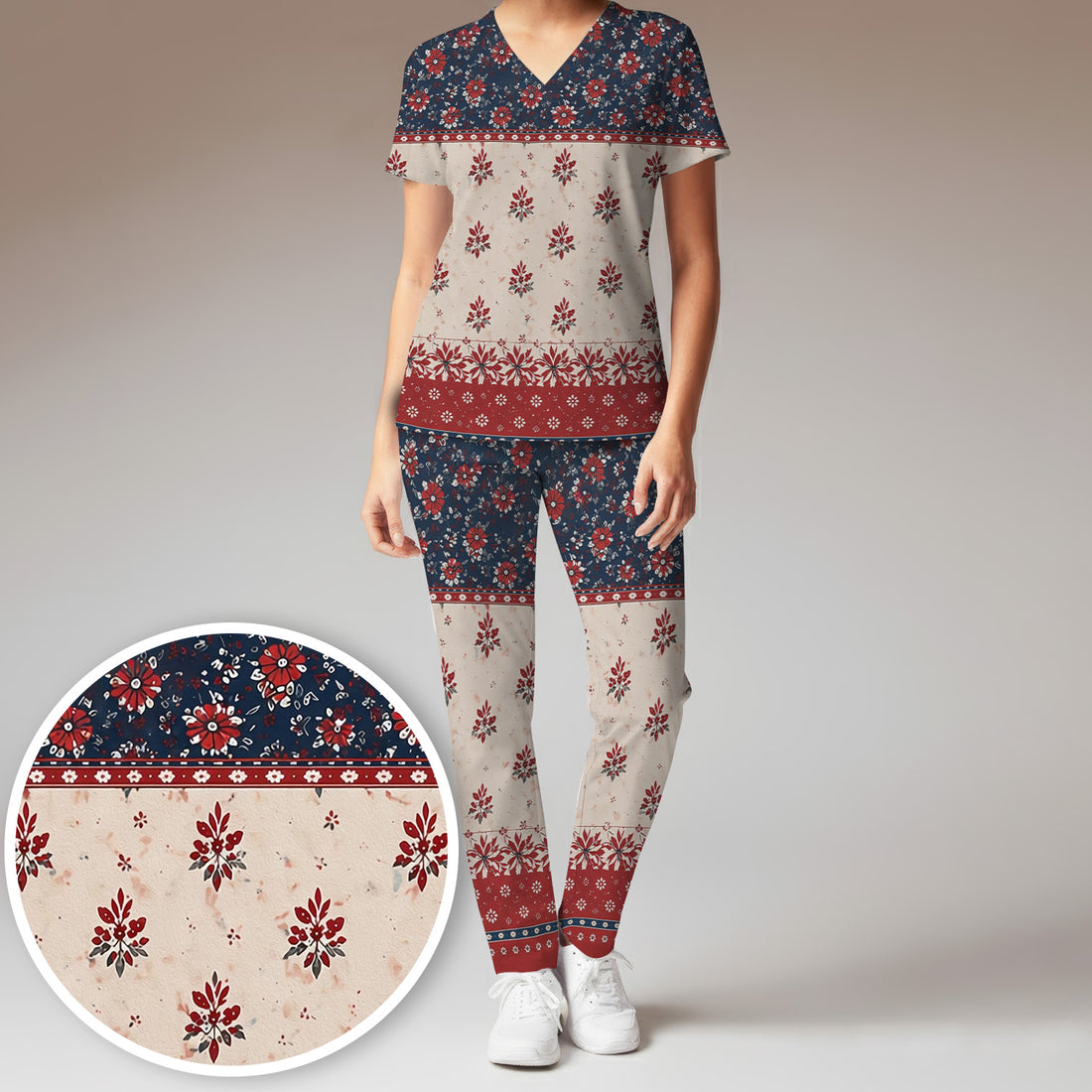 Vintage Floral Border Red Blue Pattern Scrub Set, Scrub Pants and V Neck Top