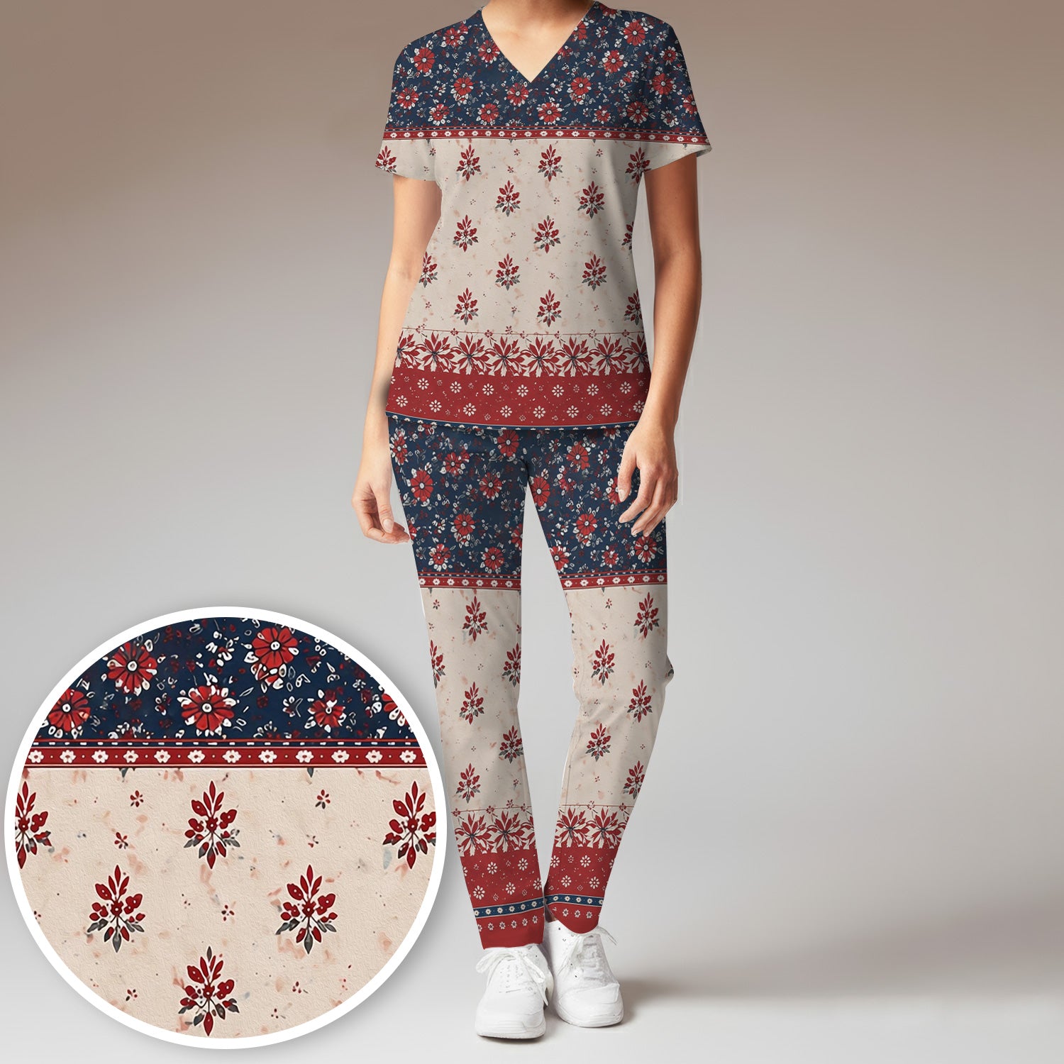 Vintage Floral Border Red Blue Pattern Scrub Set, Scrub Pants and V Neck Top