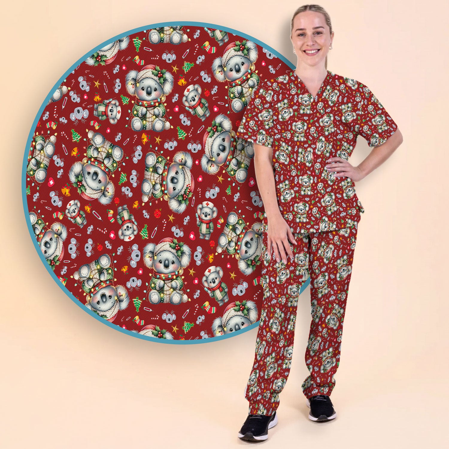 Christmas Koala Scrub Set - Cute Aussie Holiday Nursing Top and Pants - Funny Animal Medical Uniform