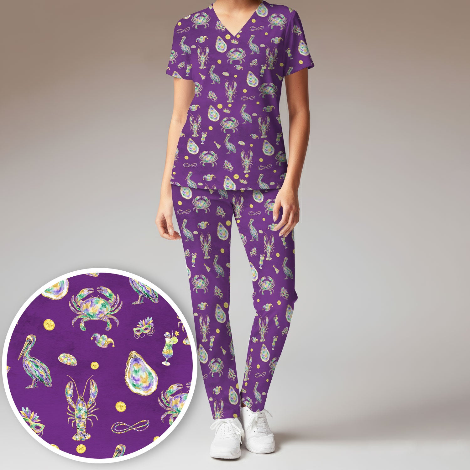 Mardi Gras Seafood Nurse Scrub Set, Comfortable Uniform Scrubs For Nursing