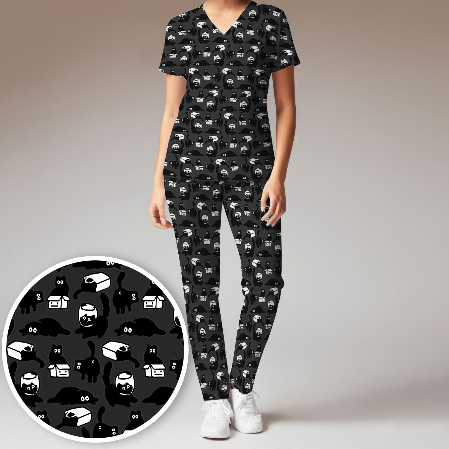Dark Playful Cat Cartoon Pattern Scrub Set, Breathable Med Uniform