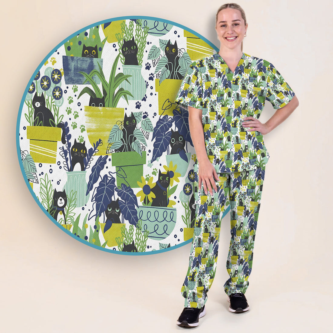 Black Cat Planter Garden Pattern Scrub Set, Scrub Pants and V Neck Top