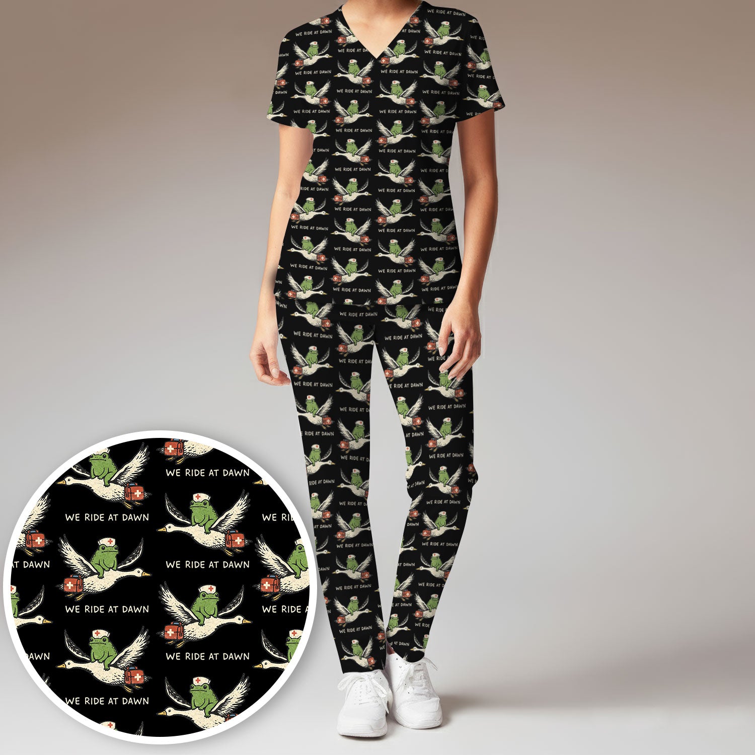 Funny Frog Riding Goose Nurse Pattern Scrub Set, Nurse Uniform Scrubs Set