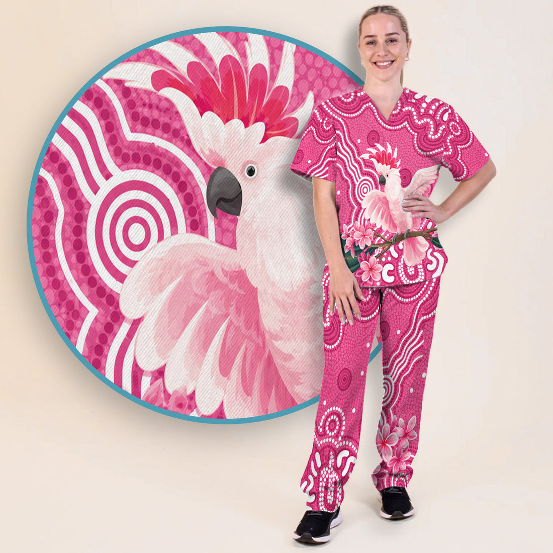 Pink Cockatoo Floral Dot Pattern Scrub Set, Scrub Pants and V Neck Top