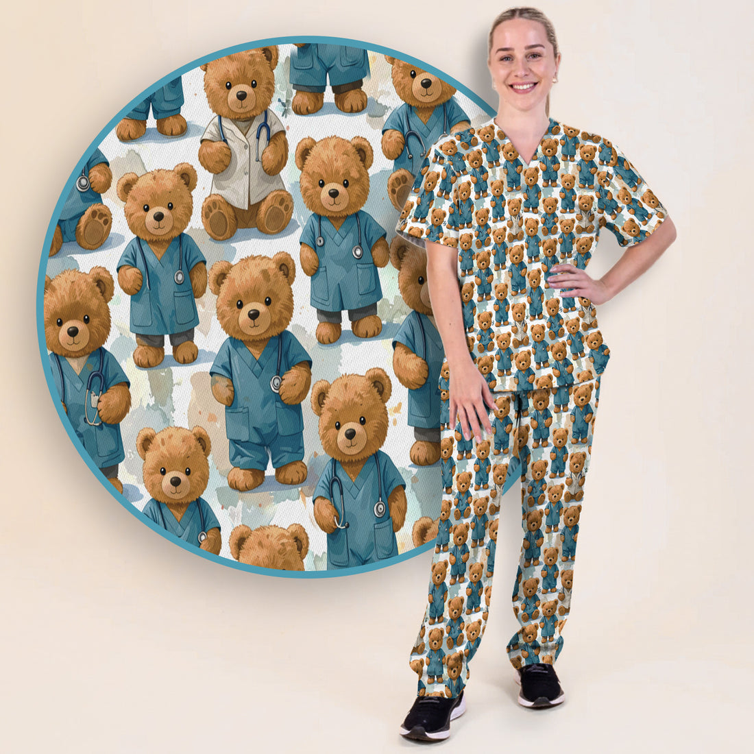Teddy Bear Doctor Character Pattern Scrub Set, Scrub Pants and V Neck Top