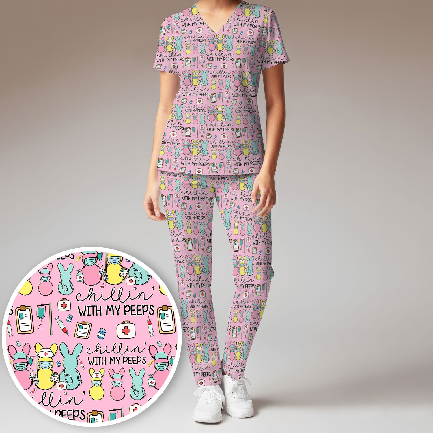 Cute Bunny Nurse Chillin With My Peeps Scrub, Women's Scrub Sets