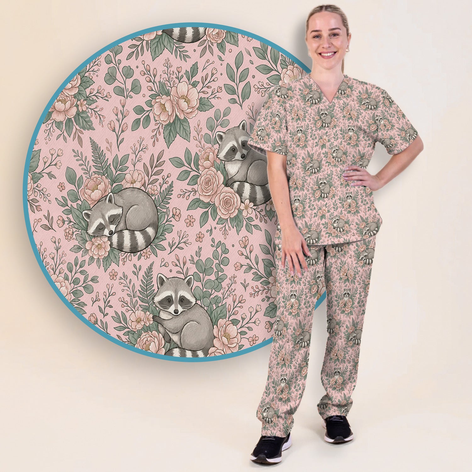 Sleeping Raccoon Rose Garden Pattern Scrub Set, Scrub Pants and V Neck Top