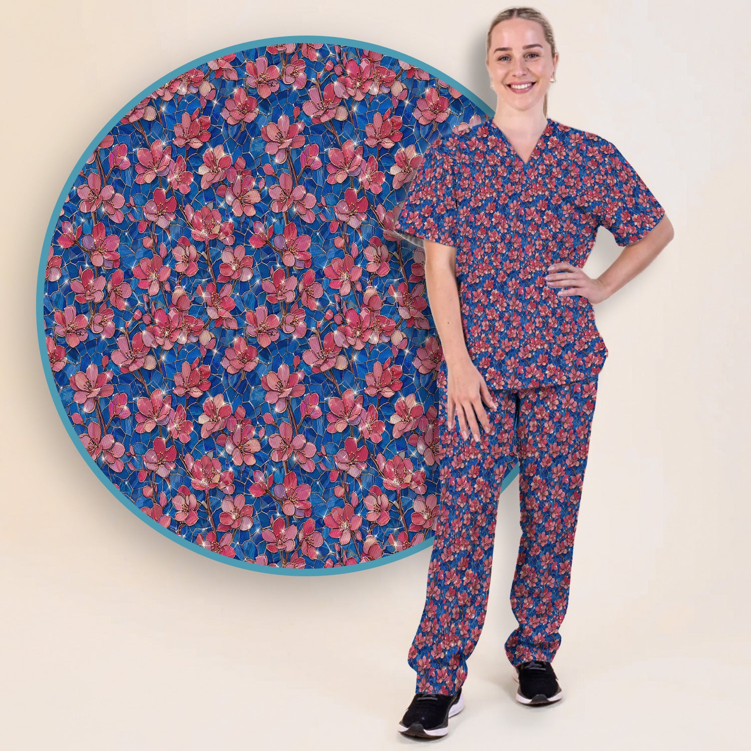 Pink Cherry Blossom Floral Pattern Scrub Set, Breathable Med Uniform