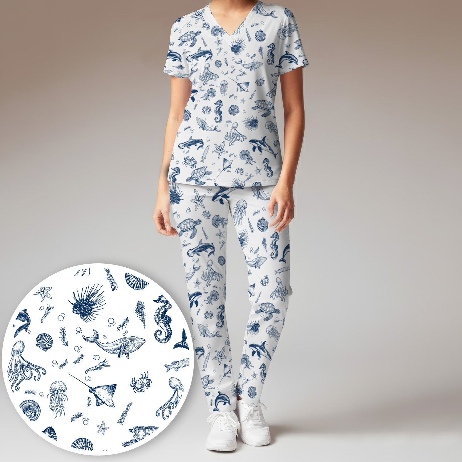 Marine Sea Life Pattern Scrub Set, Women's Scrub Sets
