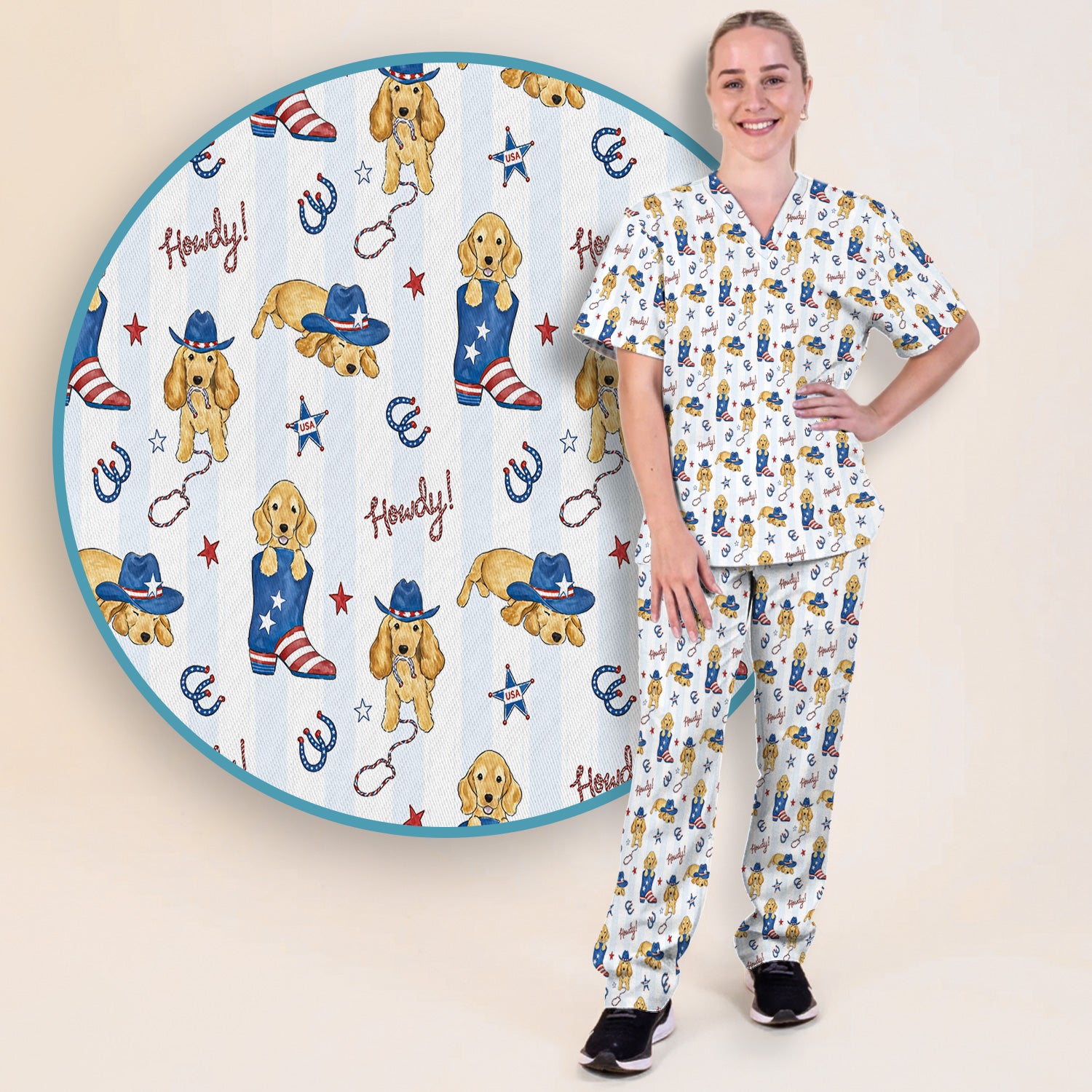 Patriotic Howdy Golden Dog Western Pattern Scrub Set, Scrub Pants and V Neck Top