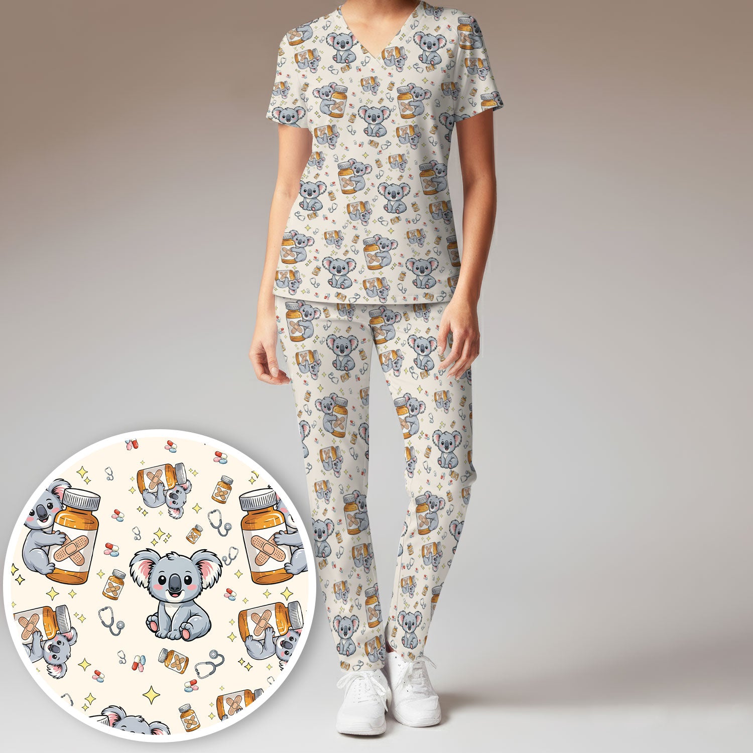 Cute Koala Nurse Bandage Medicine Print Scrub Set, Breathable Med Uniform
