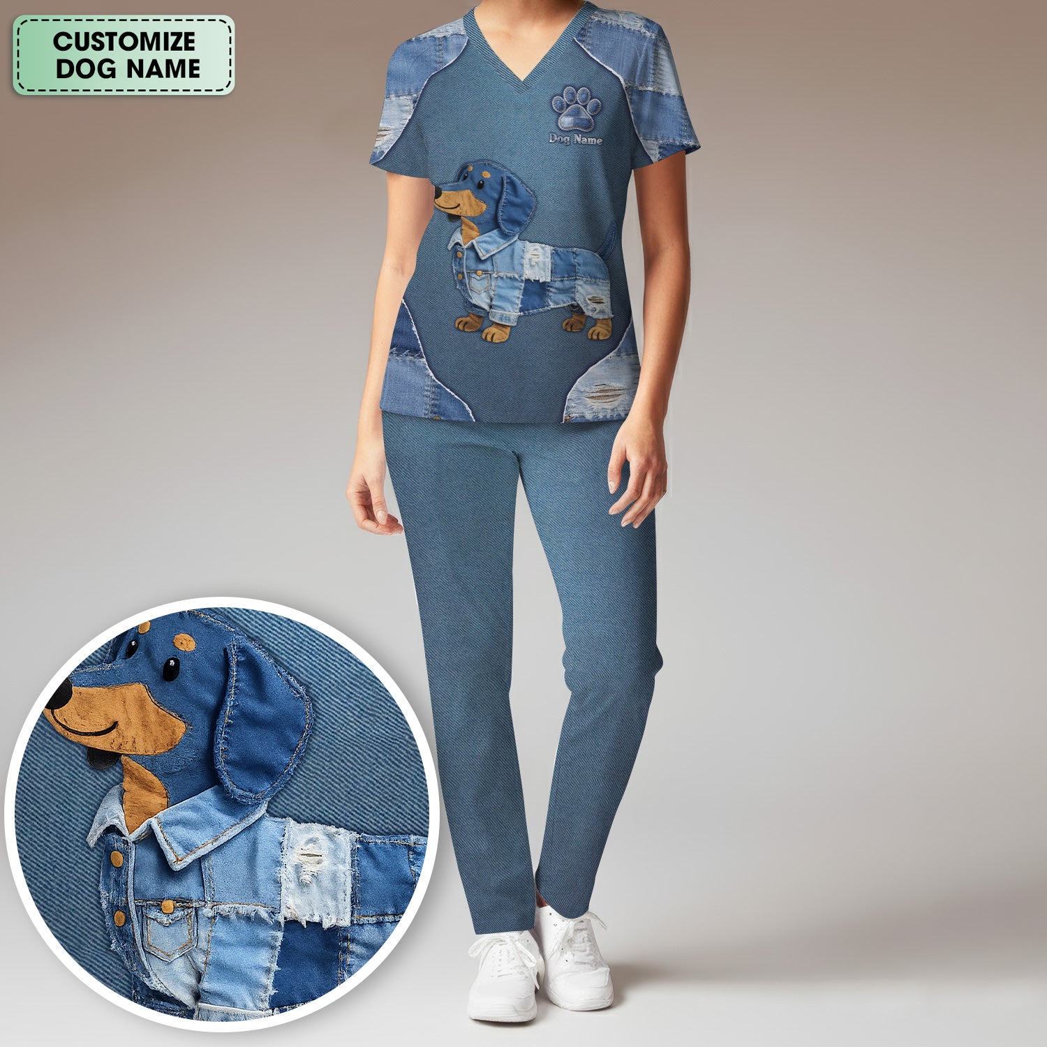 Custom Dog Name Denim Dachshund Print Scrub Set, Scrub Pants and V Neck Top