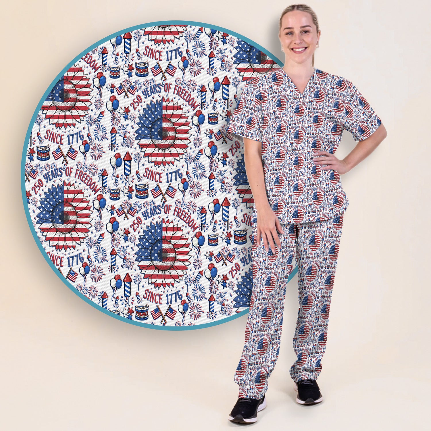 Festive Patriotic Sunflower American Flag Fireworks Pattern Scrub Set, Breathable Med Uniform