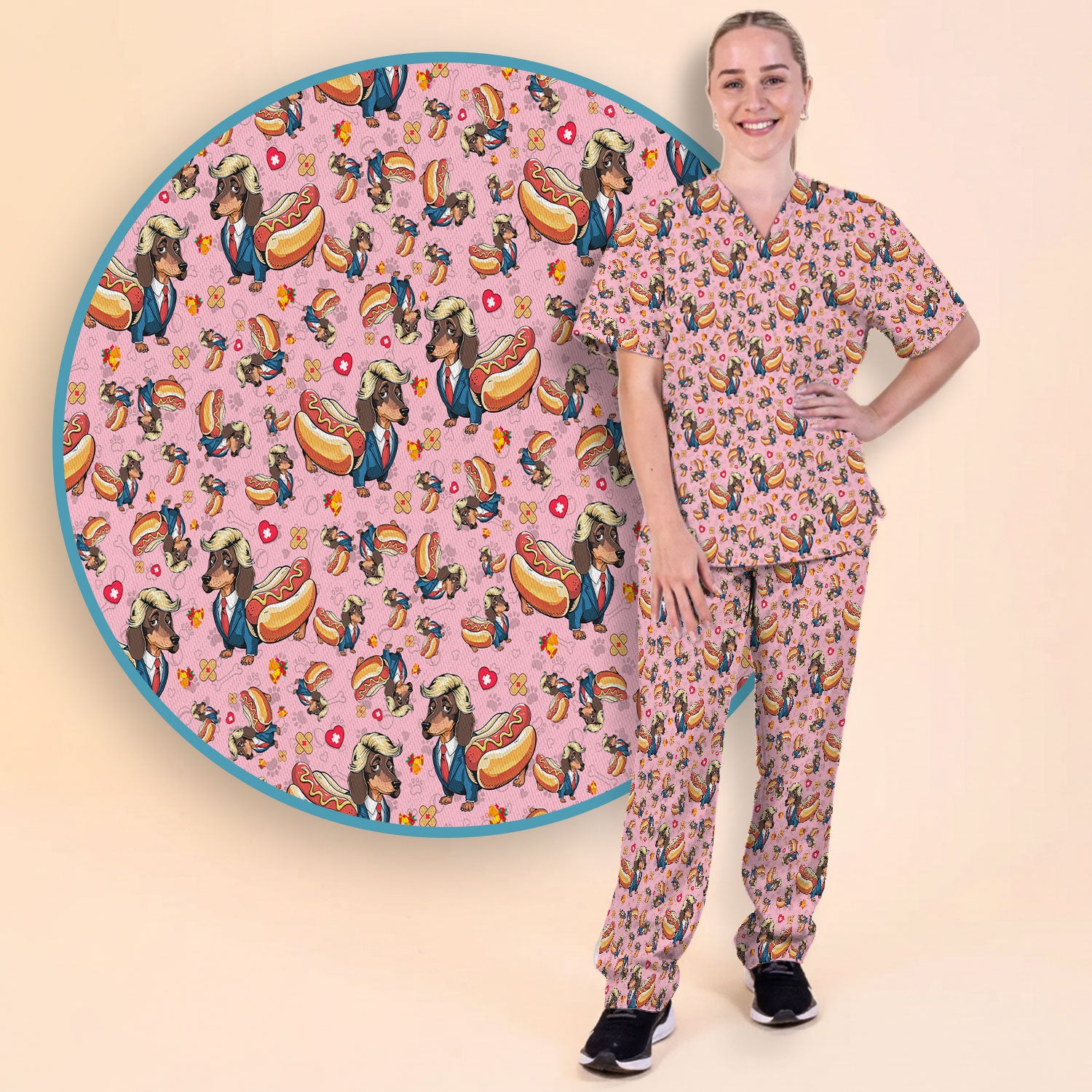 Dachshund Hot Dog Nurse Scrub Set - Funny Sausage Dog Pants and V Neck Top - Medical Uniform Gift