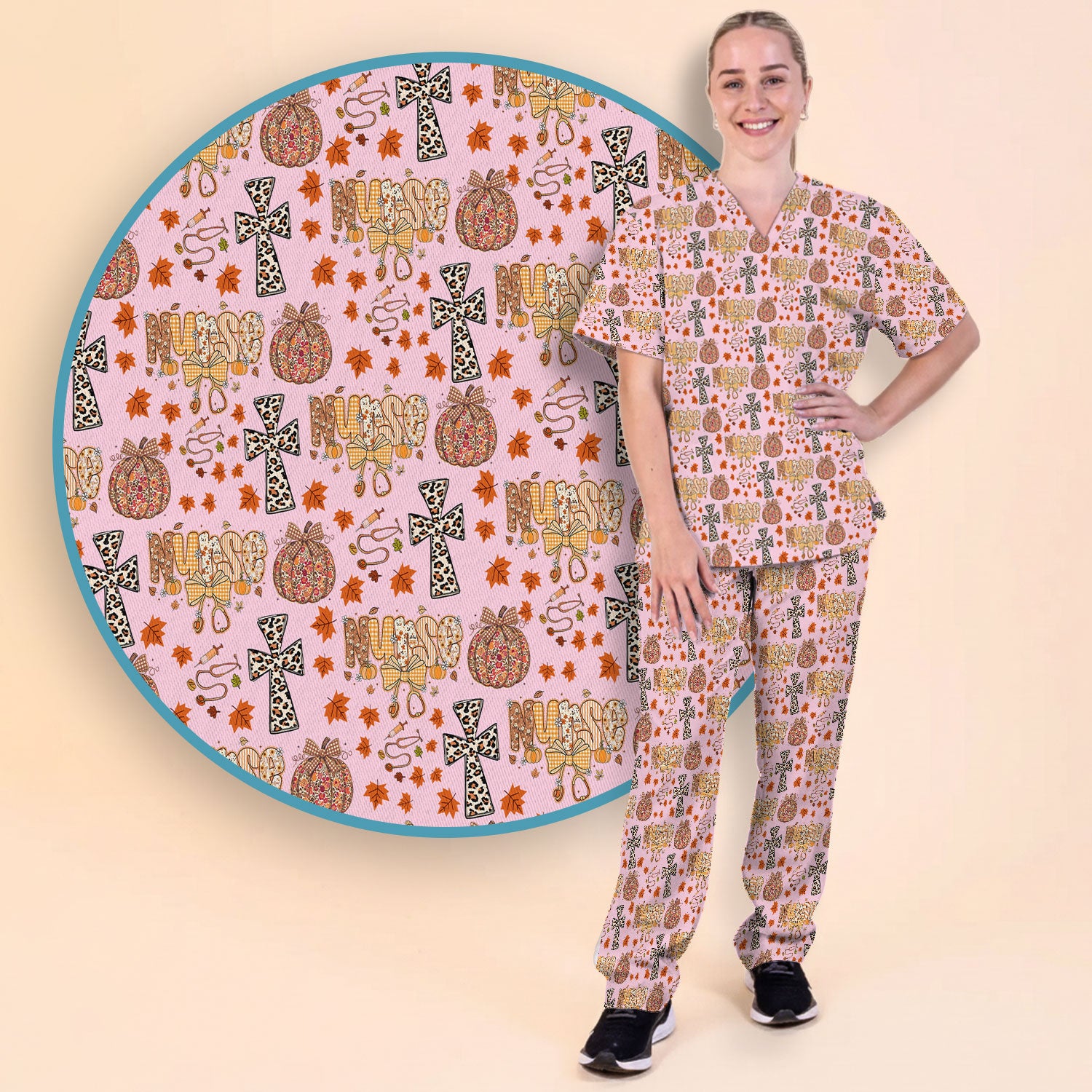 I Will Praise Him In Every Season - Boho Pumpkin Leopard Cross Fall Scrub Sets for Nurse - Thanksgiving Med Uniform for Women