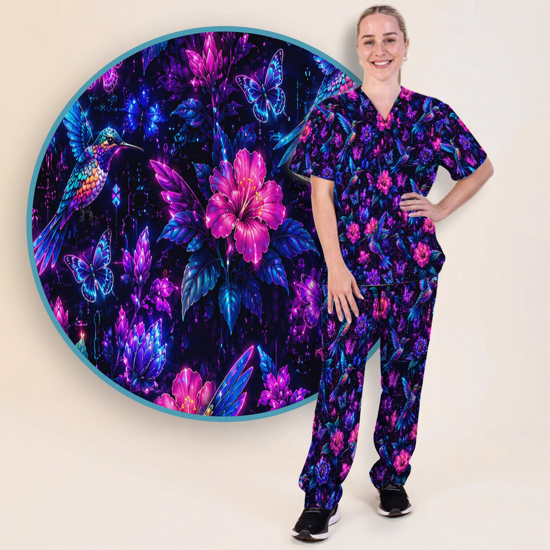 Neon Hummingbird Butterfly Bloom Pattern Scrub Set, Scrub Pants and V Neck Top