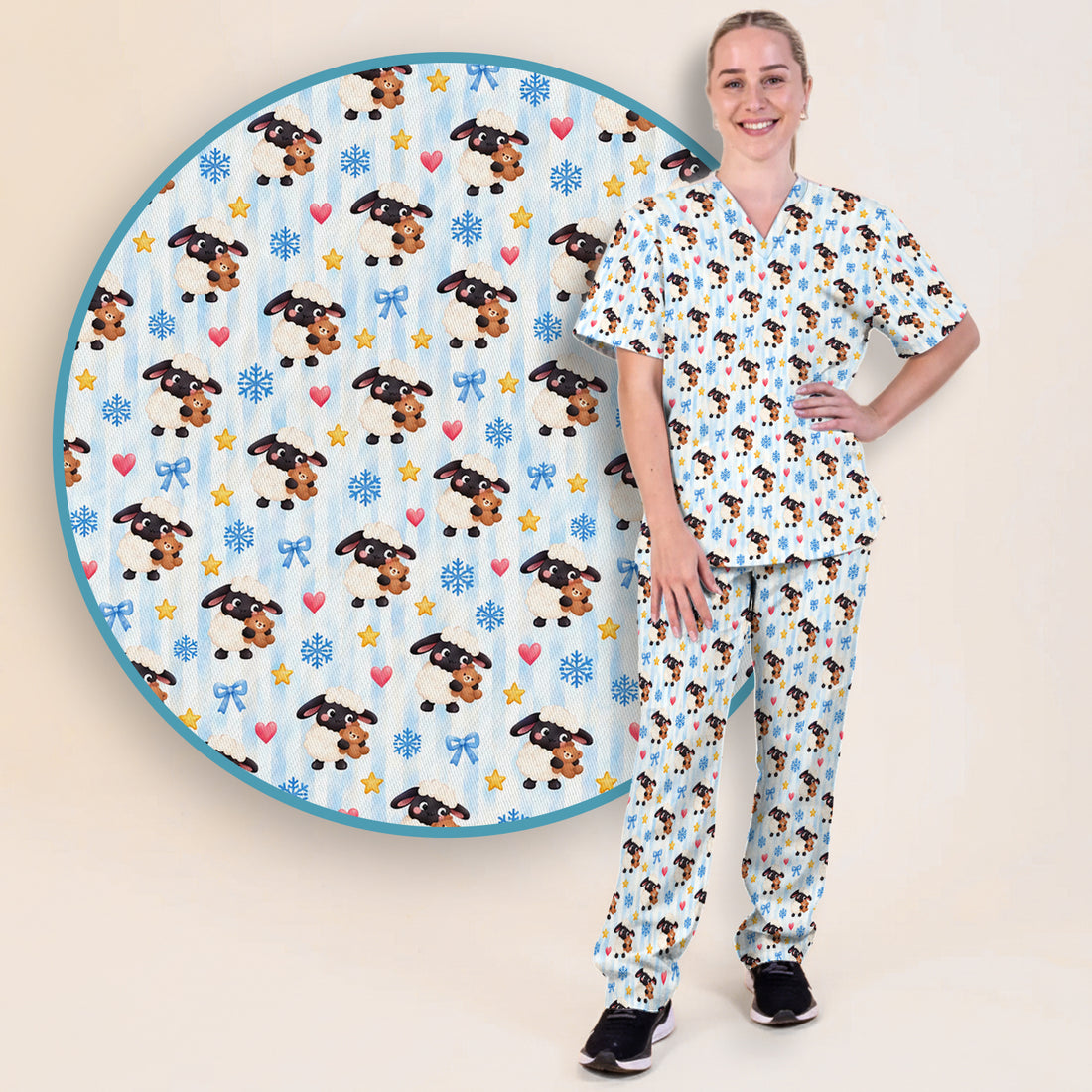 Cute Winter Lambs Holding Teddy Bears Scrub Set, Scrub Pants and V Neck Top