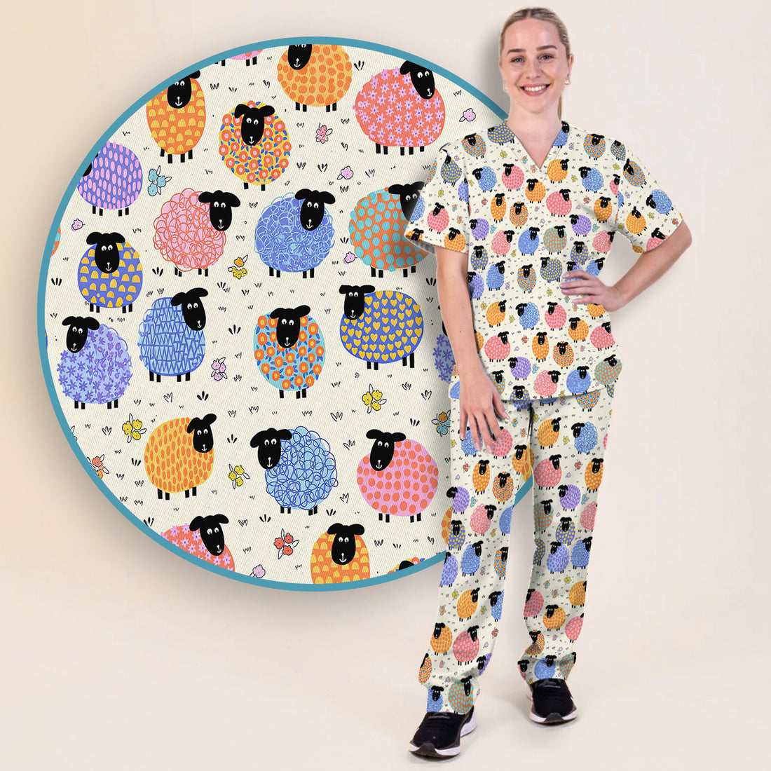 Funny Colorful Sheep Pattern Scrub Set, Scrub Pants and V Neck Top