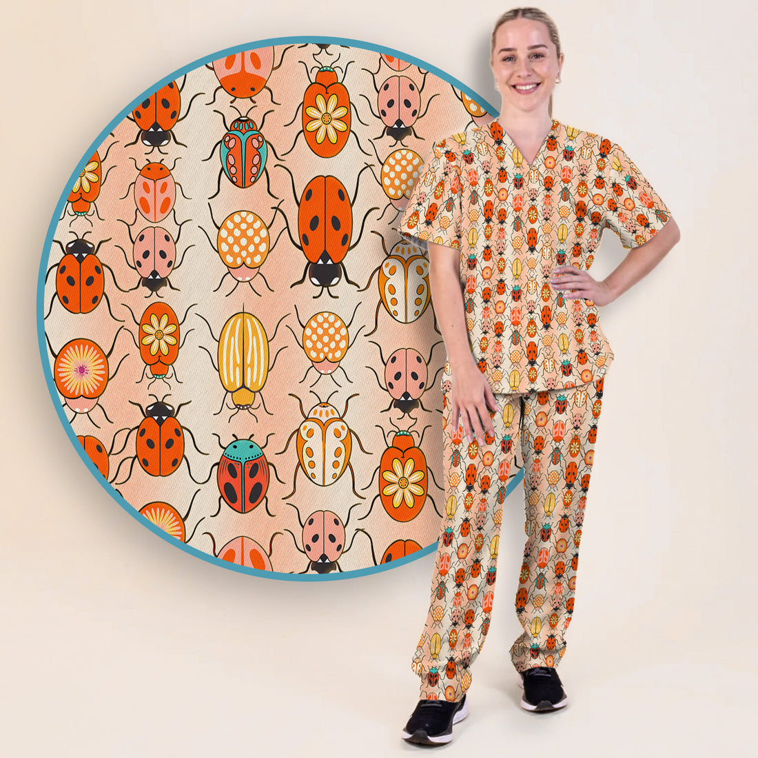 Cute Ladybug Beetle Floral Pattern Scrub Set, Women's Scrub Sets