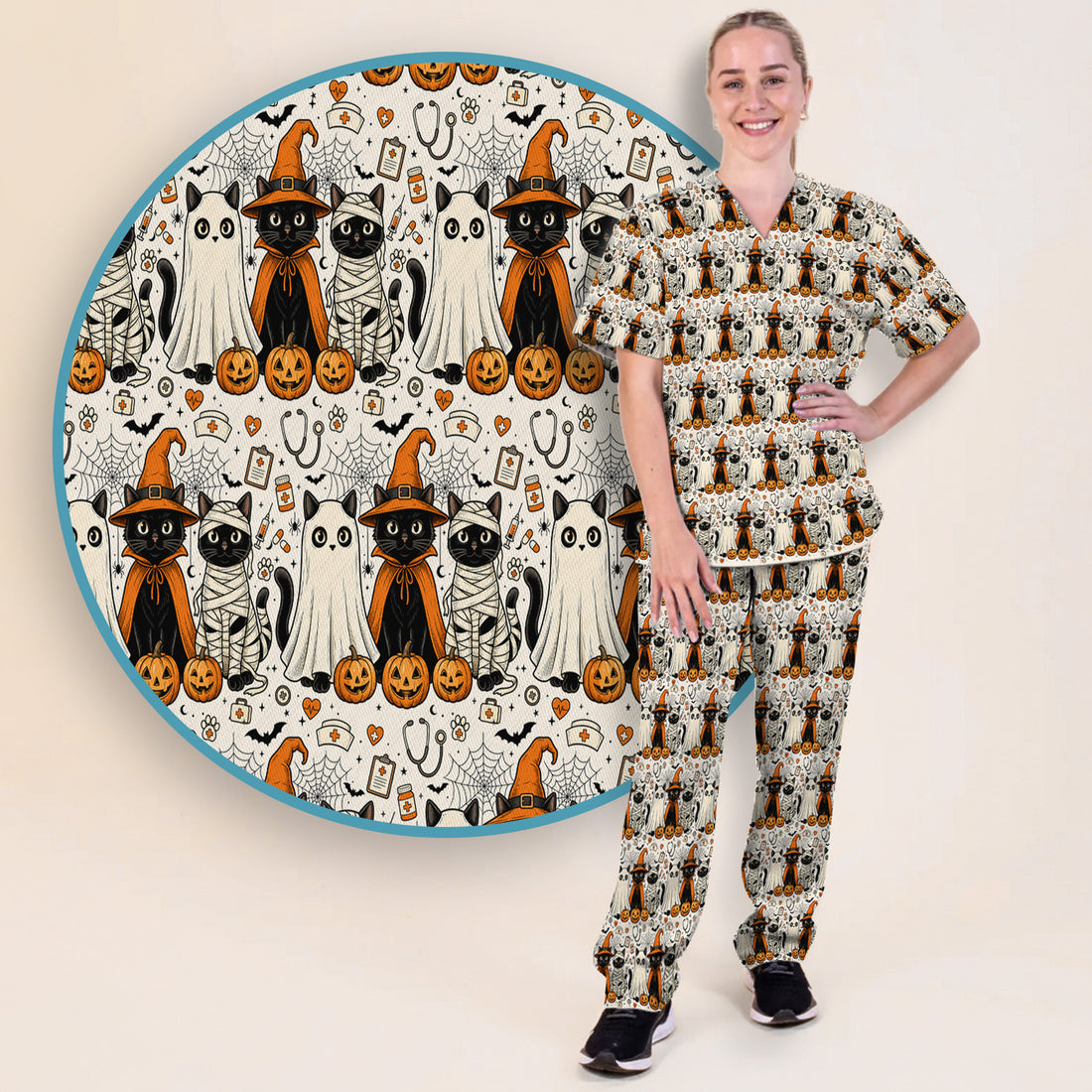 Spooky Halloween Costume Cats Scrub Set, Scrub Pants and V Neck Top
