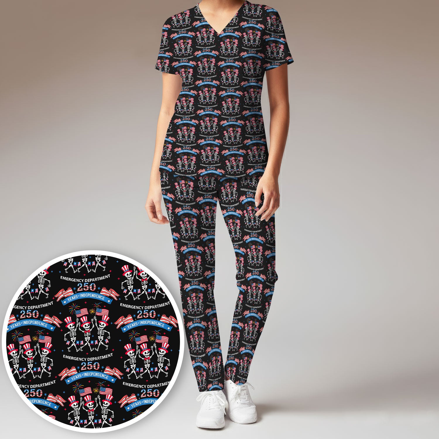 Patriotic Skeleton 250 Years ER Print Scrub Sets, Breathable Med Uniform