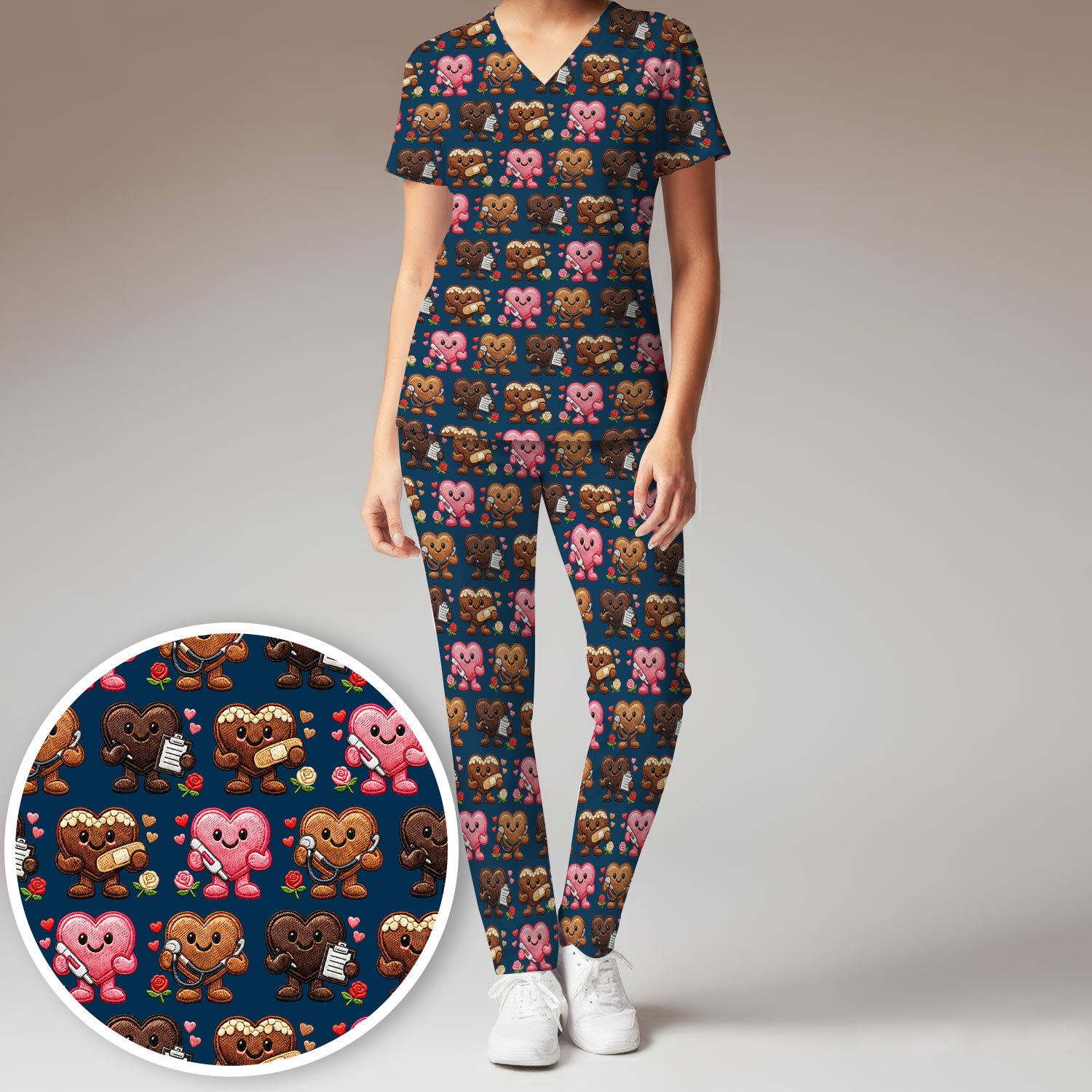 Valentine Heart Nurse Scrub Set, Cute Medical Love Pattern Shirt, Breathable Fabrics Nursing Uniform