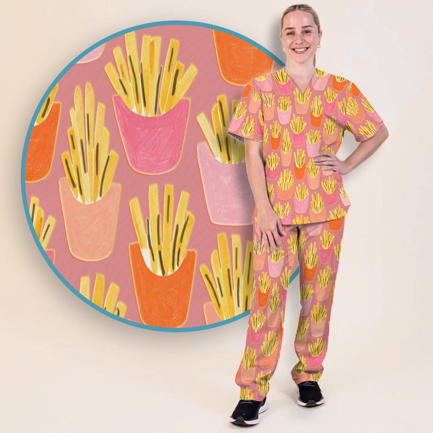 Funny French Fries Snack Food Pattern Scrub Set, Breathable Med Uniform