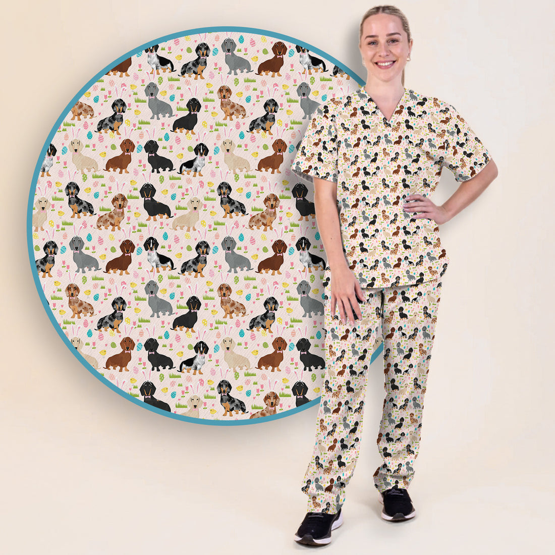 Easter Dachshund Dog Pattern Scrub Set, Scrub Pants and V Neck Top