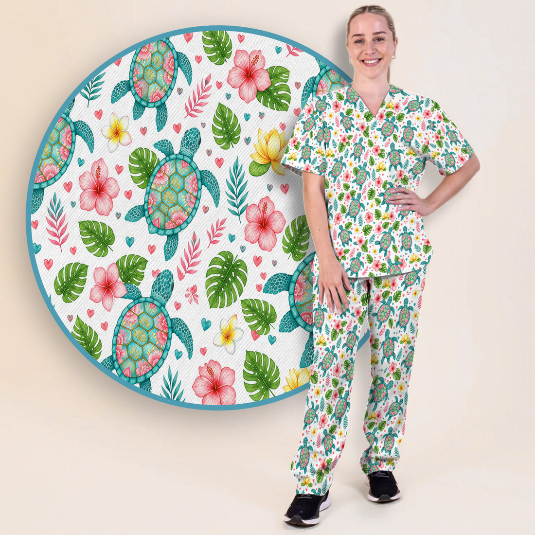 Tropical Sea Turtle Floral Pattern Scrub Set, Scrub Pants and V Neck Top