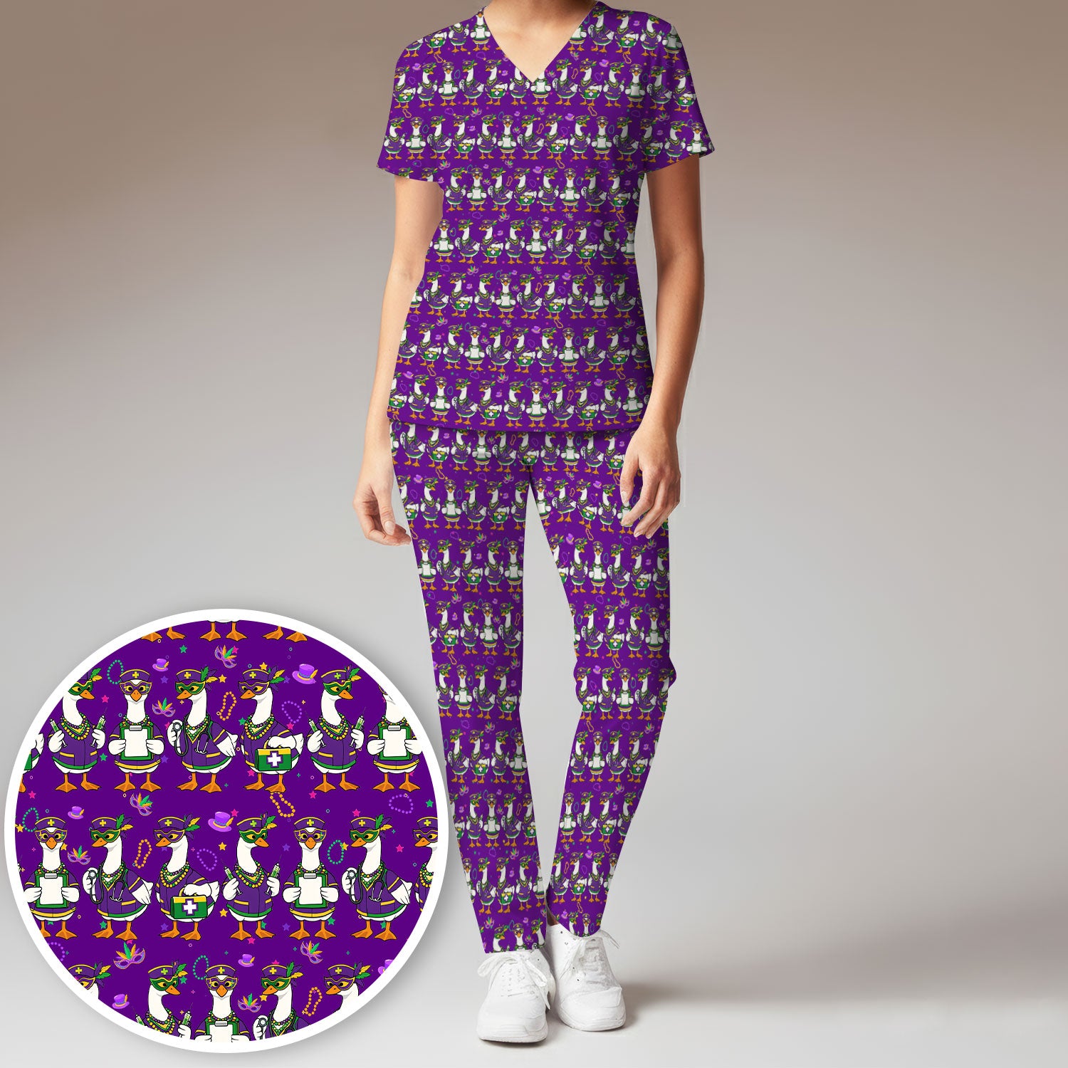 Mardi Gras Nurse Goose Scrub Set, Purple Carnival Parade Medical Pattern Nurse Shirt, Breathable Fabrics Nursing Uniform