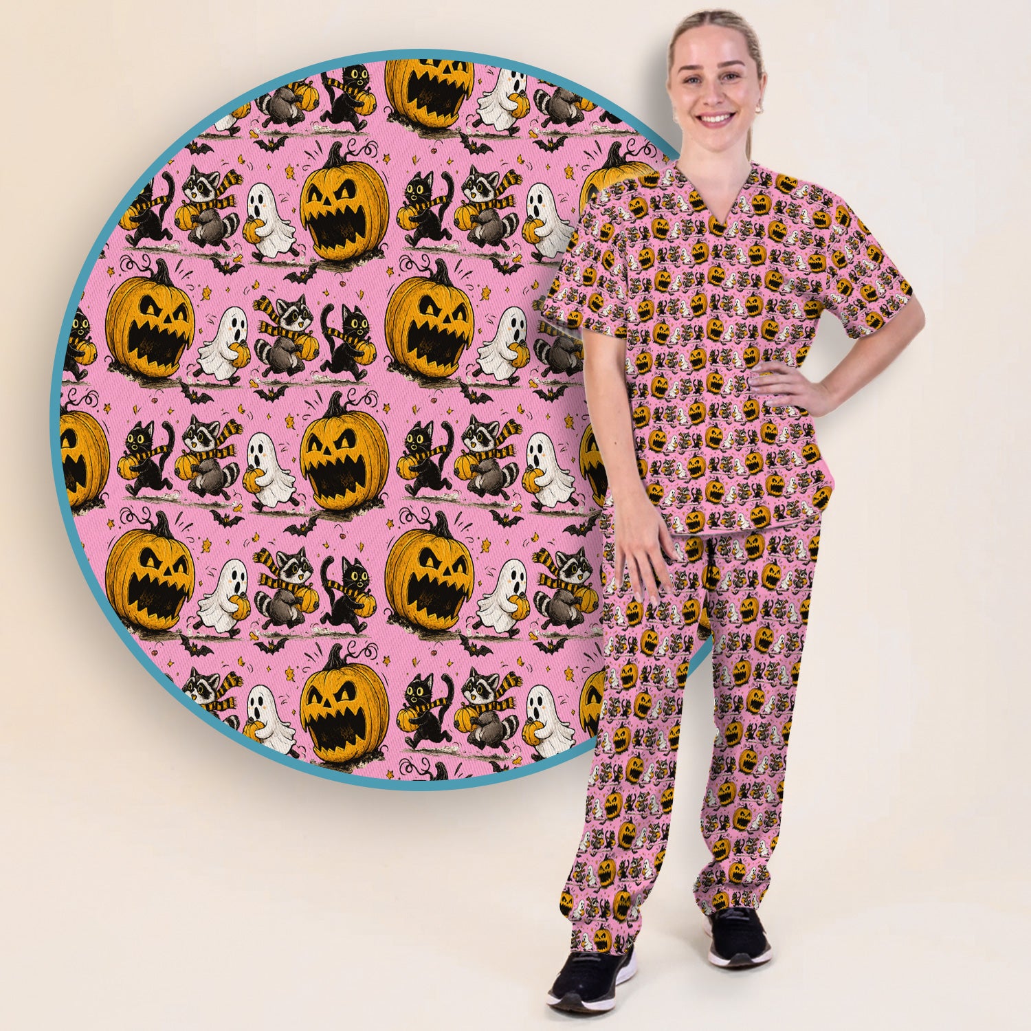 Spooky Halloween Woodland Critters Pattern Scrub Set, Scrub Pants and V Neck Top