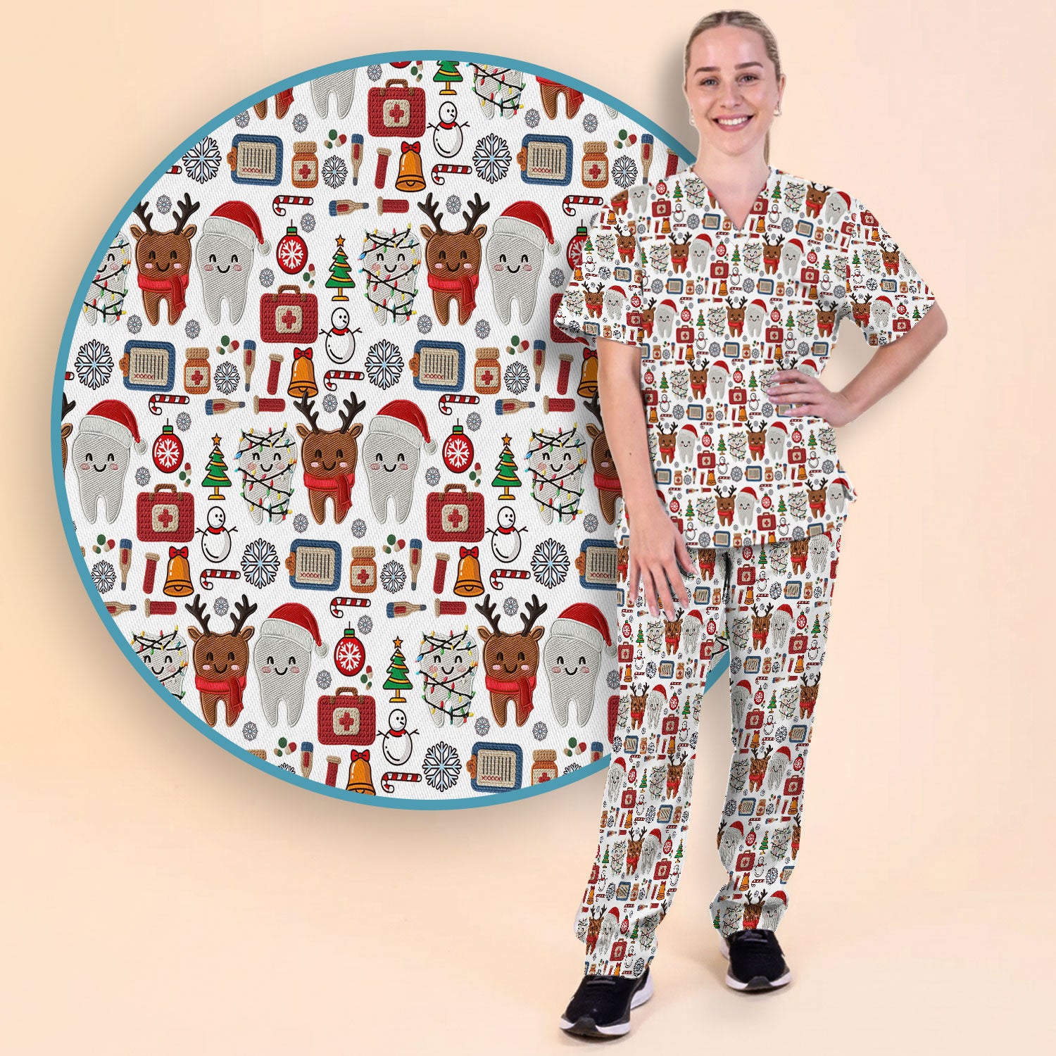 Christmas Dental Scrub Set - Cute Santa & Reindeer Tooth Pants and V Neck Top - Funny Gift for Dentists, Hygienists, Nurses