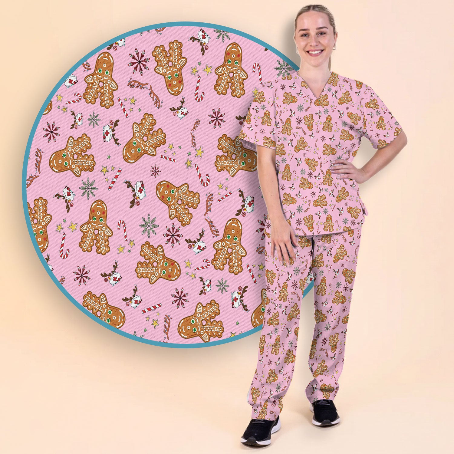 Gingerbread Cookies Reindeer Scrub Sets - Comfortable Scrubs for Nurses - Funny Christmas Gingerbread Scrub Pants and V Neck Top