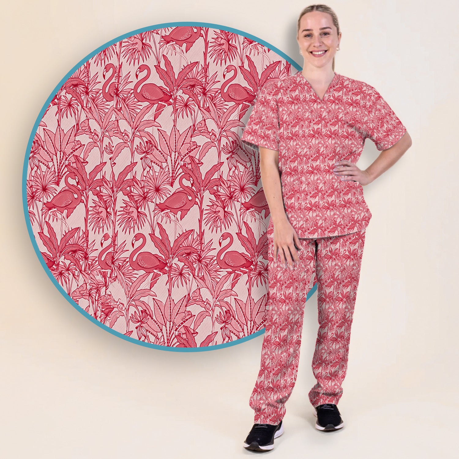 Tropical Flamingo Palm Leaves Pattern Scrub Top, Breathable Fabrics Nursing Uniform
