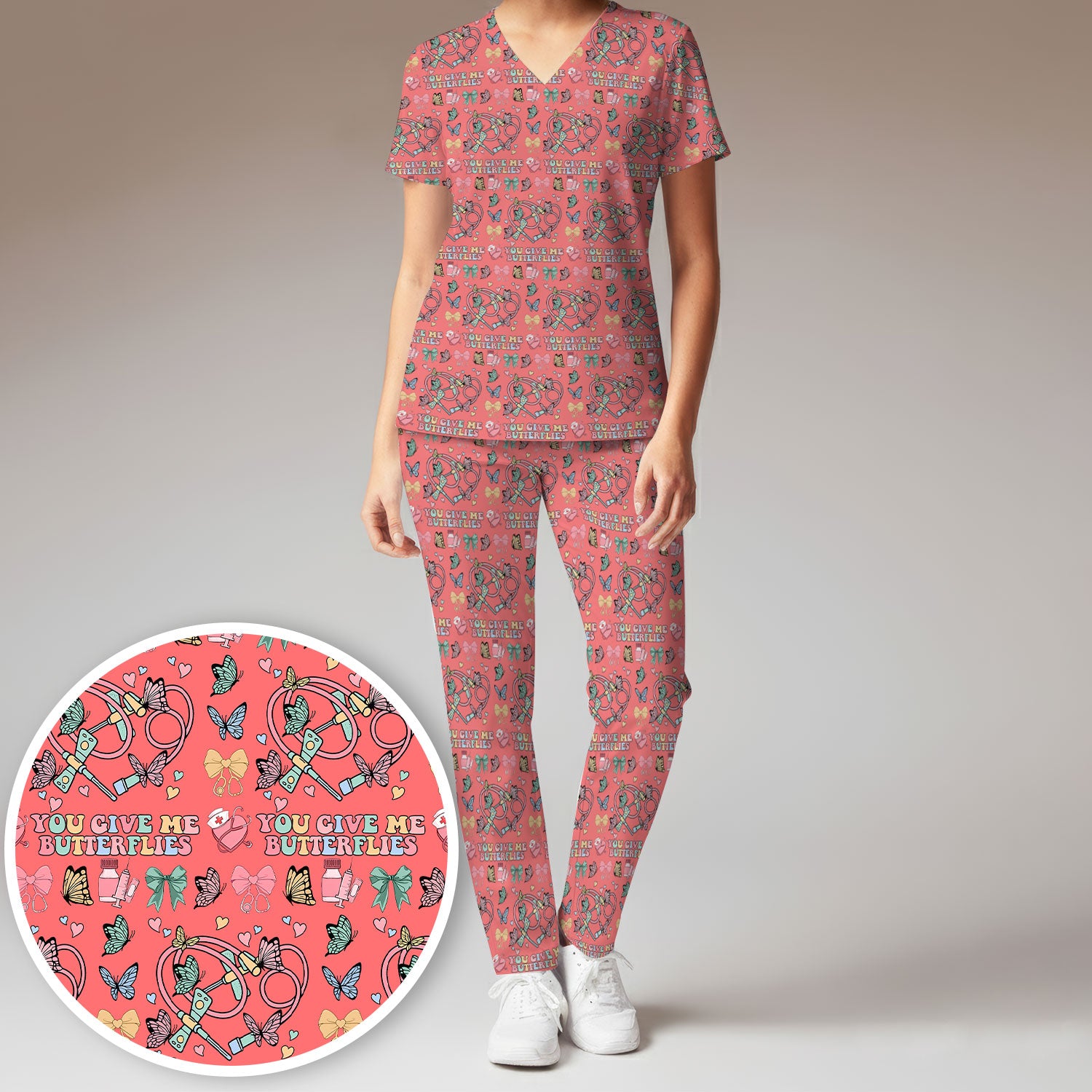 Butterfly Heart Valentine Medical Pattern Scrub, Women's Scrub Sets