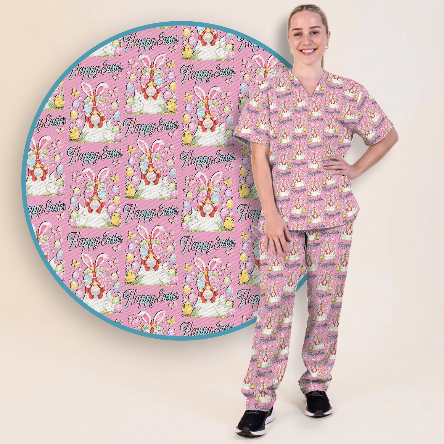 Happy Easter Bunny Eggs Pattern Scrub Set, Scrub Pants and V Neck Top