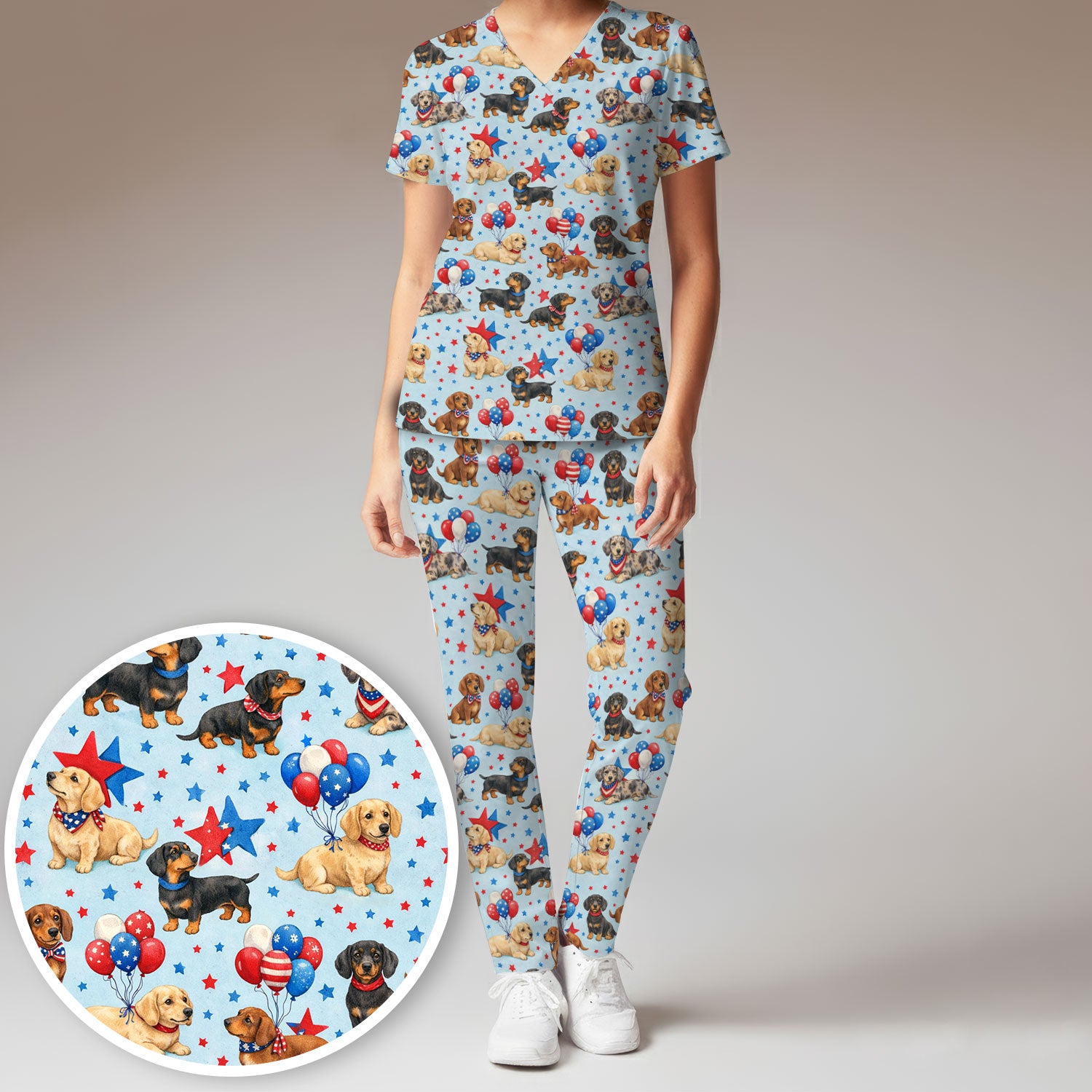 Cute Patriotic Dachshund Balloon Star Pattern Scrub Set, Scrub Pants and V Neck Top