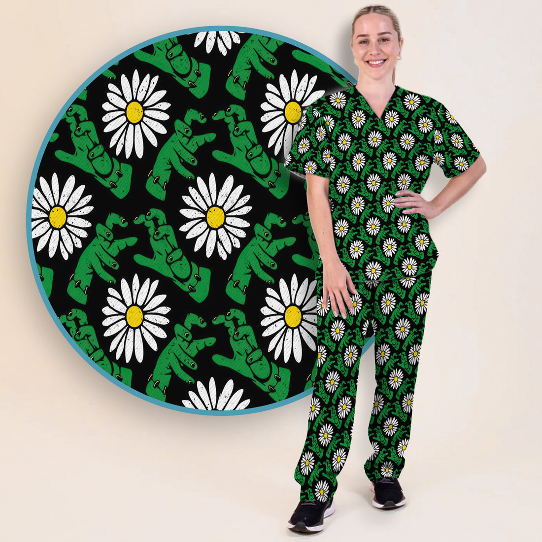 Halloween Monster And Daisies Scrub Set, Scrub Pants and V Neck Top