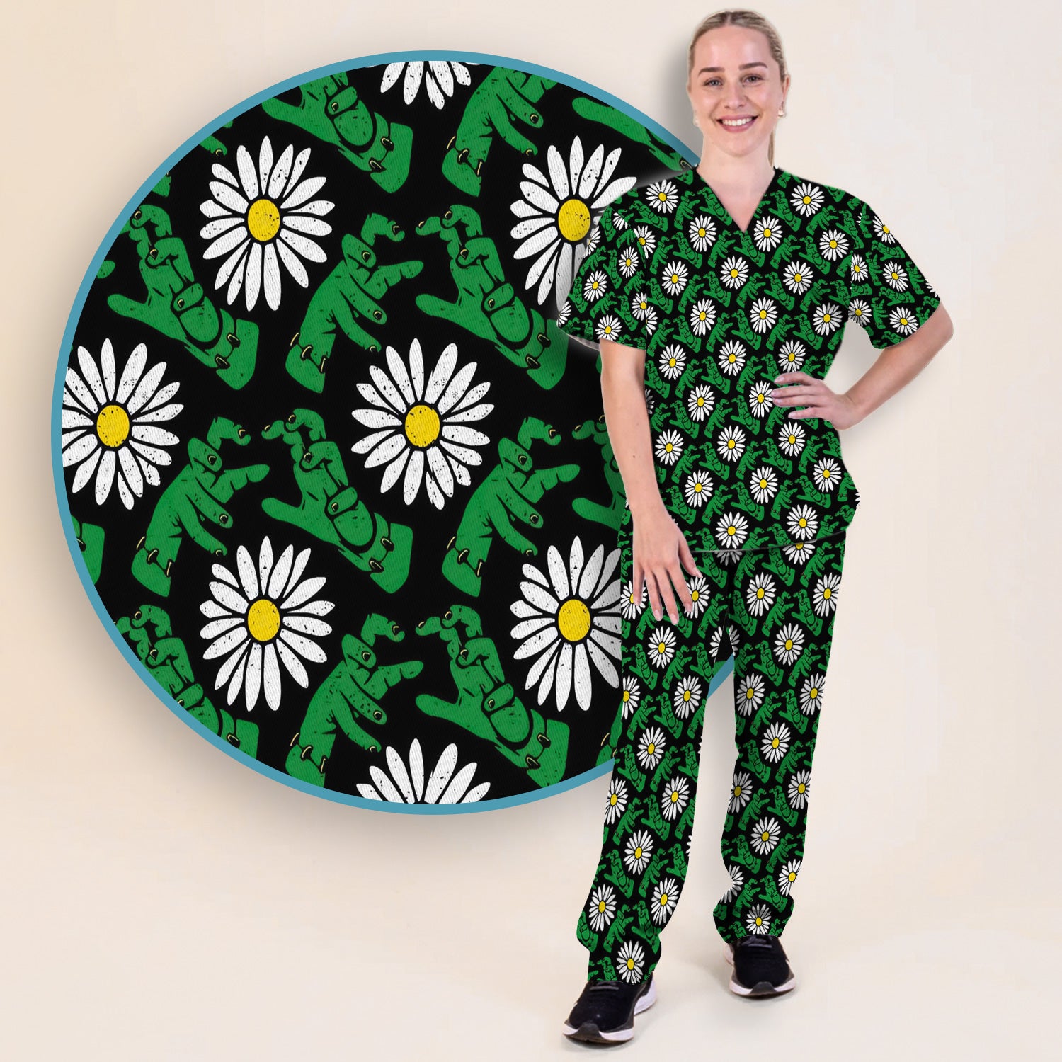 Halloween Monster And Daisies Scrub Set, Scrub Pants and V Neck Top