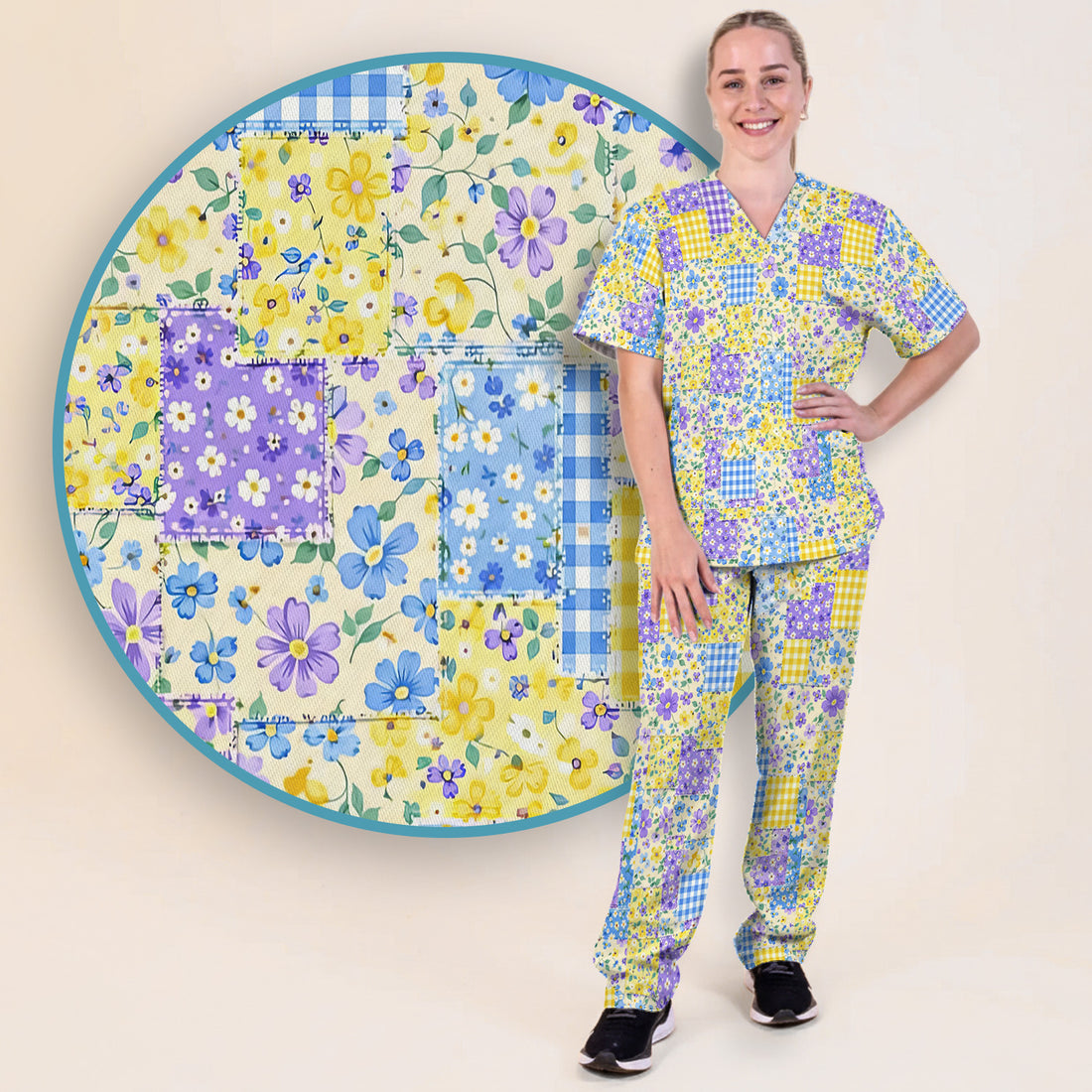Cute Floral Patchwork Gingham Pattern Scrub Set, Women's Scrub Sets