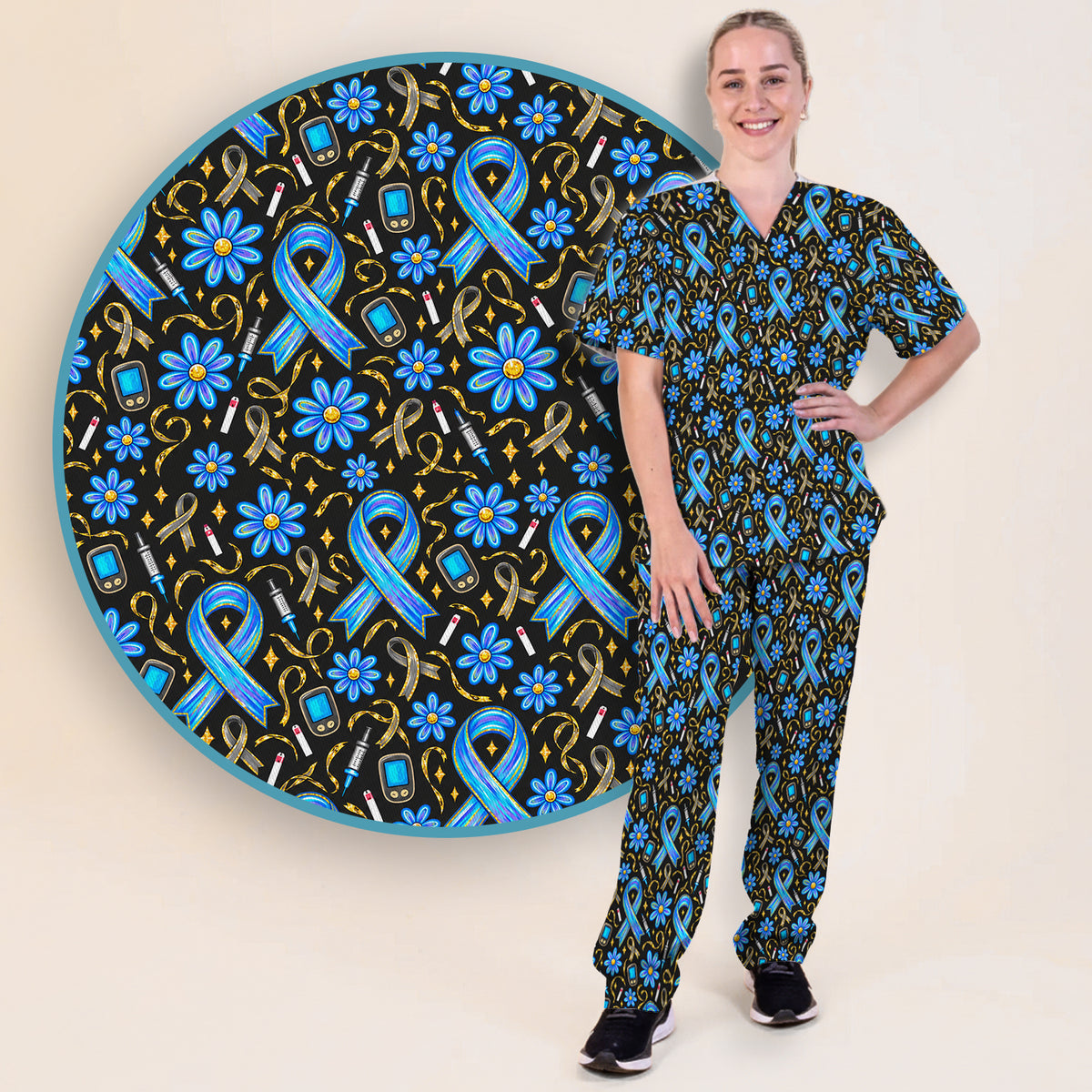 Diabetes Awareness Ribbon Pattern Scrub Set, Scrub Pants and V Neck Top