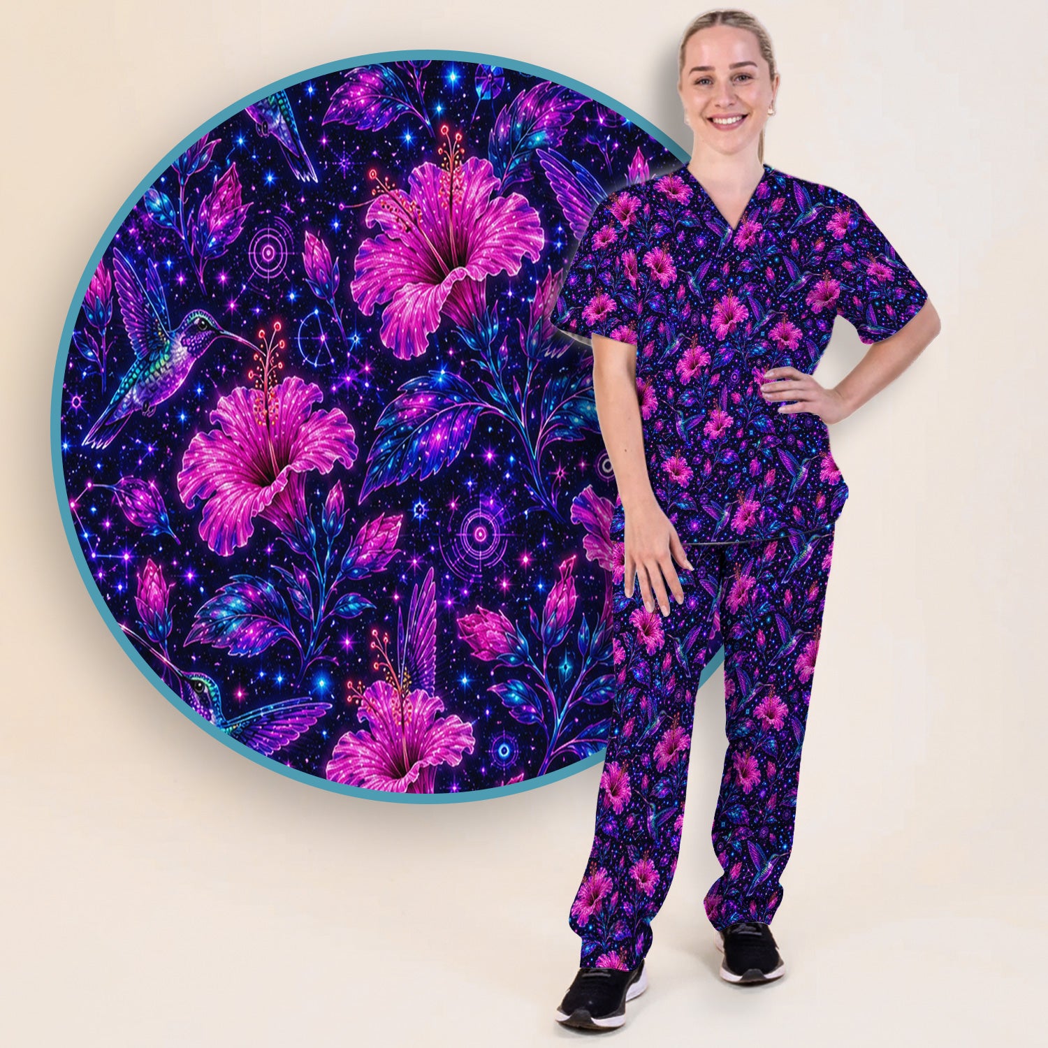 Galaxy Floral Hummingbird Nurse Pattern Scrub Set, Scrub Pants and V Neck Top