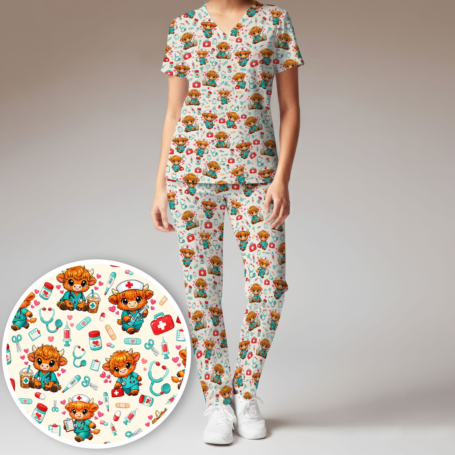 Cute Highland Cow Nurse Scrub Set, Kawaii Medical Pattern Shirt, Breathable Fabrics Nursing Uniform