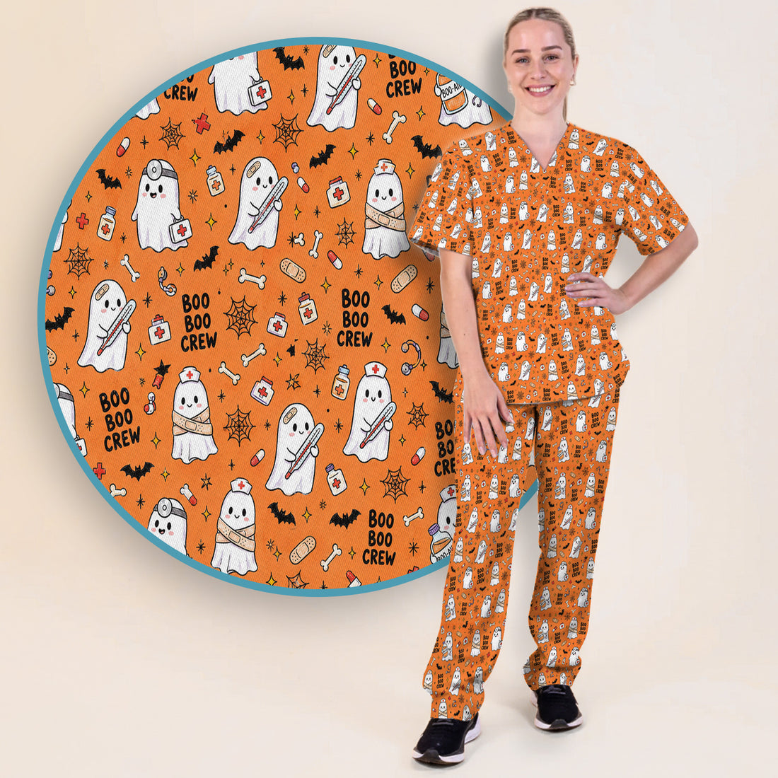 Cute Halloween Boo Boo Crew Ghost Scrub Set, Scrub Pants and V Neck Top